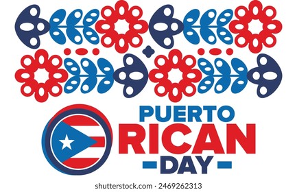 Puerto Rican Day. National happy holiday. Festival and parade in honor of independence and freedom. Puerto Rico flag. Latin american country. Patriotic elements. Vector poster illustration