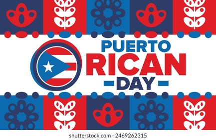 Puerto Rican Day. National happy holiday. Festival and parade in honor of independence and freedom. Puerto Rico flag. Latin american country. Patriotic elements. Vector poster illustration