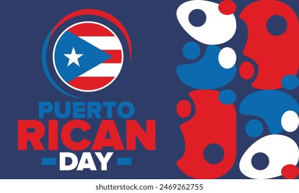 Puerto Rican Day. National happy holiday. Festival and parade in honor of independence and freedom. Puerto Rico flag. Latin american country. Patriotic elements. Vector poster illustration