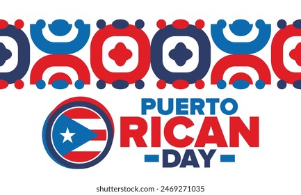 Puerto Rican Day. National happy holiday. Festival and parade in honor of independence and freedom. Puerto Rico flag. Latin american country. Patriotic elements. Vector poster illustration