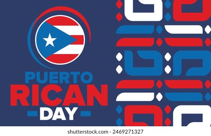 Puerto Rican Day. National happy holiday. Festival and parade in honor of independence and freedom. Puerto Rico flag. Latin american country. Patriotic elements. Vector poster illustration