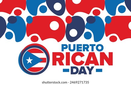 Puerto Rican Day. National happy holiday. Festival and parade in honor of independence and freedom. Puerto Rico flag. Latin american country. Patriotic elements. Vector poster illustration