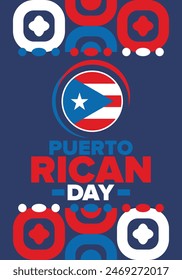 Puerto Rican Day. National happy holiday. Festival and parade in honor of independence and freedom. Puerto Rico flag. Latin american country. Patriotic elements. Vector poster illustration