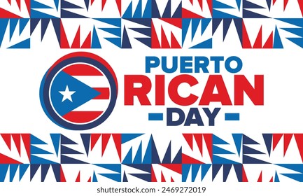 Puerto Rican Day. National happy holiday. Festival and parade in honor of independence and freedom. Puerto Rico flag. Latin american country. Patriotic elements. Vector poster illustration