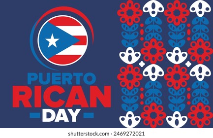 Puerto Rican Day. National happy holiday. Festival and parade in honor of independence and freedom. Puerto Rico flag. Latin american country. Patriotic elements. Vector poster illustration