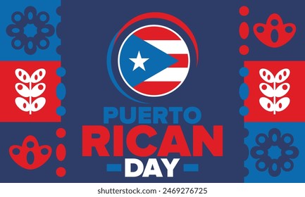 Puerto Rican Day. National happy holiday. Festival and parade in honor of independence and freedom. Puerto Rico flag. Latin american country. Patriotic elements. Vector poster illustration