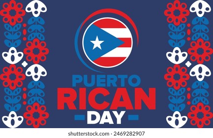 Puerto Rican Day. National happy holiday. Festival and parade in honor of independence and freedom. Puerto Rico flag. Latin american country. Patriotic elements. Vector poster illustration