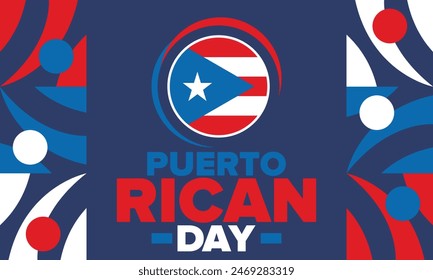 Día de Puerto Rico. Fiesta nacional feliz. Festival y desfile en honor a la independencia y la libertad. Bandera de Puerto Rico. Latina país americano. Elementos patrióticos. Ilustración de póster de Vector