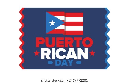 Puerto Rican Day. National happy holiday. Festival and parade in honor of independence and freedom. Puerto Rico flag. Latin american country. Patriotic elements. Vector poster illustration