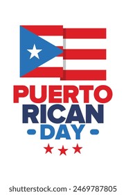 Puerto Rican Day. National happy holiday. Festival and parade in honor of independence and freedom. Puerto Rico flag. Latin american country. Patriotic elements. Vector poster illustration