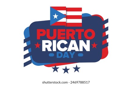 Puerto Rican Day. National happy holiday. Festival and parade in honor of independence and freedom. Puerto Rico flag. Latin american country. Patriotic elements. Vector poster illustration