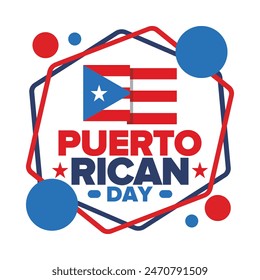 Día de Puerto Rico. Fiesta nacional feliz. Festival y desfile en honor a la independencia y la libertad. Bandera de Puerto Rico. Latina país americano. Elementos patrióticos. Ilustración de póster de Vector