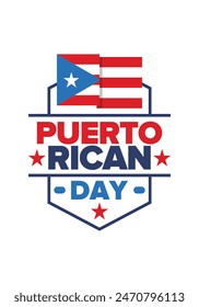 Día de Puerto Rico. Fiesta nacional feliz. Festival y desfile en honor a la independencia y la libertad. Bandera de Puerto Rico. Latina país americano. Elementos patrióticos. Ilustración de póster de Vector