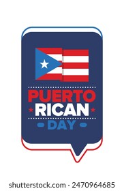 Puerto Rican Day. National happy holiday. Festival and parade in honor of independence and freedom. Puerto Rico flag. Latin american country. Patriotic elements. Vector poster illustration