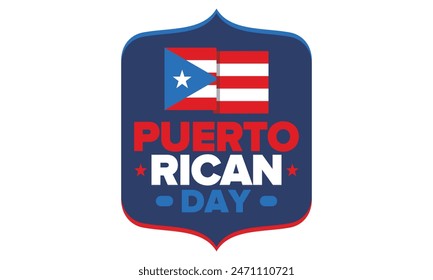 Día de Puerto Rico. Fiesta nacional feliz. Festival y desfile en honor a la independencia y la libertad. Bandera de Puerto Rico. Latina país americano. Elementos patrióticos. Ilustración de póster de Vector