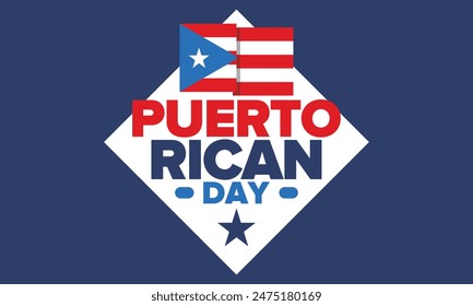 Puerto Rican Day. National happy holiday. Festival and parade in honor of independence and freedom. Puerto Rico flag. Latin american country. Patriotic elements. Vector poster illustration