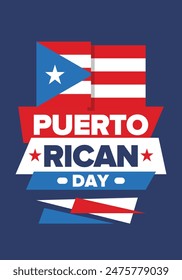 Puerto Rican Day. National happy holiday. Festival and parade in honor of independence and freedom. Puerto Rico flag. Latin american country. Patriotic elements. Vector poster illustration