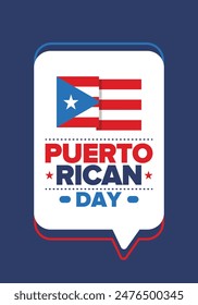 Puerto Rican Day. National happy holiday. Festival and parade in honor of independence and freedom. Puerto Rico flag. Latin american country. Patriotic elements. Vector poster illustration