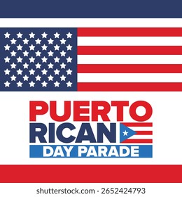 Dia de Porto Rico. Feliz feriado nacional. Festival e desfile em honra da independência e da liberdade. Bandeira de Porto Rico. País latino-americano. Elementos patrióticos. Ilustração de pôster vetorial