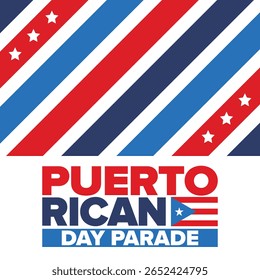 Dia de Porto Rico. Feliz feriado nacional. Festival e desfile em honra da independência e da liberdade. Bandeira de Porto Rico. País latino-americano. Elementos patrióticos. Ilustração de pôster vetorial