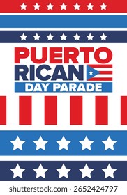 Dia de Porto Rico. Feliz feriado nacional. Festival e desfile em honra da independência e da liberdade. Bandeira de Porto Rico. País latino-americano. Elementos patrióticos. Ilustração de pôster vetorial
