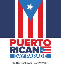 Dia de Porto Rico. Feliz feriado nacional. Festival e desfile em honra da independência e da liberdade. Bandeira de Porto Rico. País latino-americano. Elementos patrióticos. Ilustração de pôster vetorial