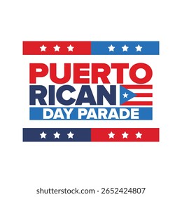 Dia de Porto Rico. Feliz feriado nacional. Festival e desfile em honra da independência e da liberdade. Bandeira de Porto Rico. País latino-americano. Elementos patrióticos. Ilustração de pôster vetorial