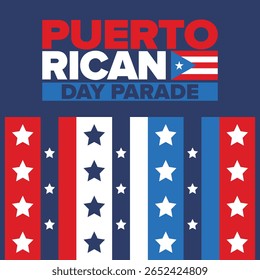 Dia de Porto Rico. Feliz feriado nacional. Festival e desfile em honra da independência e da liberdade. Bandeira de Porto Rico. País latino-americano. Elementos patrióticos. Ilustração de pôster vetorial