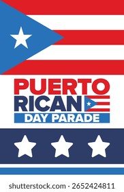 Dia de Porto Rico. Feliz feriado nacional. Festival e desfile em honra da independência e da liberdade. Bandeira de Porto Rico. País latino-americano. Elementos patrióticos. Ilustração de pôster vetorial