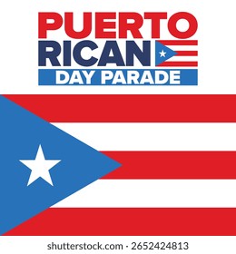 Dia de Porto Rico. Feliz feriado nacional. Festival e desfile em honra da independência e da liberdade. Bandeira de Porto Rico. País latino-americano. Elementos patrióticos. Ilustração de pôster vetorial