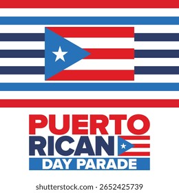 Dia de Porto Rico. Feliz feriado nacional. Festival e desfile em honra da independência e da liberdade. Bandeira de Porto Rico. País latino-americano. Elementos patrióticos. Ilustração de pôster vetorial