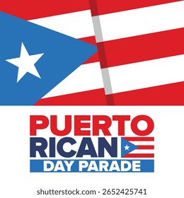 Dia de Porto Rico. Feliz feriado nacional. Festival e desfile em honra da independência e da liberdade. Bandeira de Porto Rico. País latino-americano. Elementos patrióticos. Ilustração de pôster vetorial