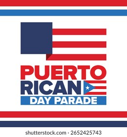 Dia de Porto Rico. Feliz feriado nacional. Festival e desfile em honra da independência e da liberdade. Bandeira de Porto Rico. País latino-americano. Elementos patrióticos. Ilustração de pôster vetorial