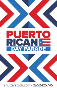 Dia de Porto Rico. Feliz feriado nacional. Festival e desfile em honra da independência e da liberdade. Bandeira de Porto Rico. País latino-americano. Elementos patrióticos. Ilustração de pôster vetorial