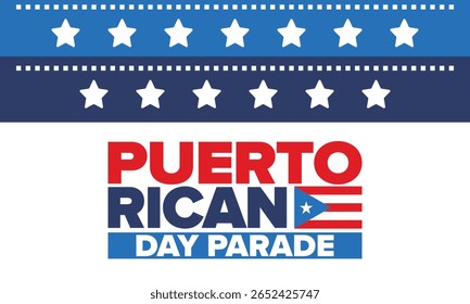 Dia de Porto Rico. Feliz feriado nacional. Festival e desfile em honra da independência e da liberdade. Bandeira de Porto Rico. País latino-americano. Elementos patrióticos. Ilustração de pôster vetorial