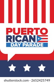 Dia de Porto Rico. Feliz feriado nacional. Festival e desfile em honra da independência e da liberdade. Bandeira de Porto Rico. País latino-americano. Elementos patrióticos. Ilustração de pôster vetorial