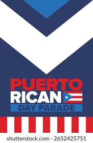 Dia de Porto Rico. Feliz feriado nacional. Festival e desfile em honra da independência e da liberdade. Bandeira de Porto Rico. País latino-americano. Elementos patrióticos. Ilustração de pôster vetorial