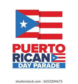 Dia de Porto Rico. Feliz feriado nacional. Festival e desfile em honra da independência e da liberdade. Bandeira de Porto Rico. País latino-americano. Elementos patrióticos. Ilustração de pôster vetorial