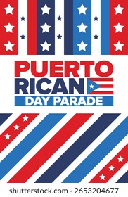 Dia de Porto Rico. Feliz feriado nacional. Festival e desfile em honra da independência e da liberdade. Bandeira de Porto Rico. País latino-americano. Elementos patrióticos. Ilustração de pôster vetorial