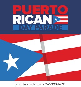Dia de Porto Rico. Feliz feriado nacional. Festival e desfile em honra da independência e da liberdade. Bandeira de Porto Rico. País latino-americano. Elementos patrióticos. Ilustração de pôster vetorial