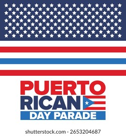 Dia de Porto Rico. Feliz feriado nacional. Festival e desfile em honra da independência e da liberdade. Bandeira de Porto Rico. País latino-americano. Elementos patrióticos. Ilustração de pôster vetorial