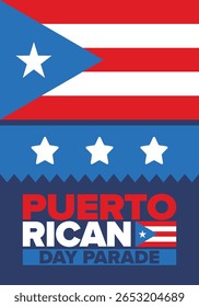 Dia de Porto Rico. Feliz feriado nacional. Festival e desfile em honra da independência e da liberdade. Bandeira de Porto Rico. País latino-americano. Elementos patrióticos. Ilustração de pôster vetorial