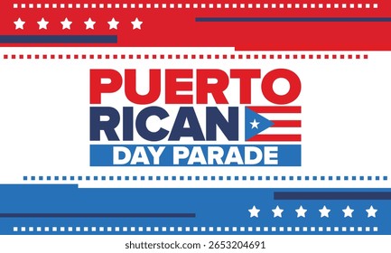 Dia de Porto Rico. Feliz feriado nacional. Festival e desfile em honra da independência e da liberdade. Bandeira de Porto Rico. País latino-americano. Elementos patrióticos. Ilustração de pôster vetorial
