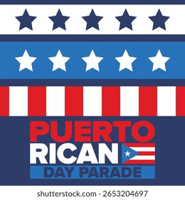 Dia de Porto Rico. Feliz feriado nacional. Festival e desfile em honra da independência e da liberdade. Bandeira de Porto Rico. País latino-americano. Elementos patrióticos. Ilustração de pôster vetorial
