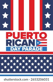 Dia de Porto Rico. Feliz feriado nacional. Festival e desfile em honra da independência e da liberdade. Bandeira de Porto Rico. País latino-americano. Elementos patrióticos. Ilustração de pôster vetorial