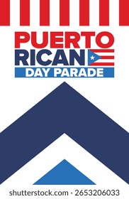 Dia de Porto Rico. Feliz feriado nacional. Festival e desfile em honra da independência e da liberdade. Bandeira de Porto Rico. País latino-americano. Elementos patrióticos. Ilustração de pôster vetorial