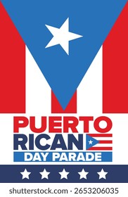 Dia de Porto Rico. Feliz feriado nacional. Festival e desfile em honra da independência e da liberdade. Bandeira de Porto Rico. País latino-americano. Elementos patrióticos. Ilustração de pôster vetorial