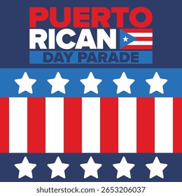 Dia de Porto Rico. Feliz feriado nacional. Festival e desfile em honra da independência e da liberdade. Bandeira de Porto Rico. País latino-americano. Elementos patrióticos. Ilustração de pôster vetorial