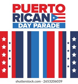 Dia de Porto Rico. Feliz feriado nacional. Festival e desfile em honra da independência e da liberdade. Bandeira de Porto Rico. País latino-americano. Elementos patrióticos. Ilustração de pôster vetorial