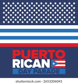 Dia de Porto Rico. Feliz feriado nacional. Festival e desfile em honra da independência e da liberdade. Bandeira de Porto Rico. País latino-americano. Elementos patrióticos. Ilustração de pôster vetorial